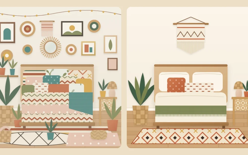 The same boho bed wall drawn twice: overcrowded with small pieces and clashing patterns on the left, edited and calm on the right