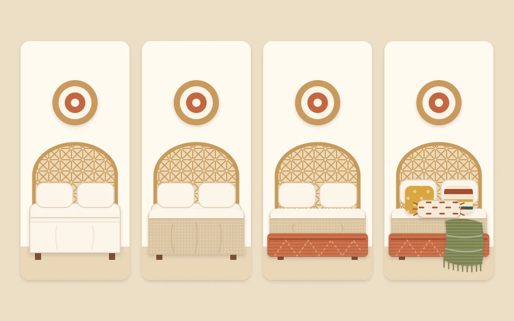 Four views of the same bed gaining one layer each: plain sheets, a duvet, a folded quilt at the foot, then pillows and a throw