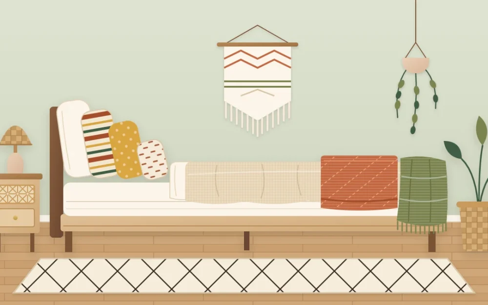 A bed seen from the side with cream sheets, a sand duvet, a folded terracotta quilt, mixed pillows and a fringed olive throw