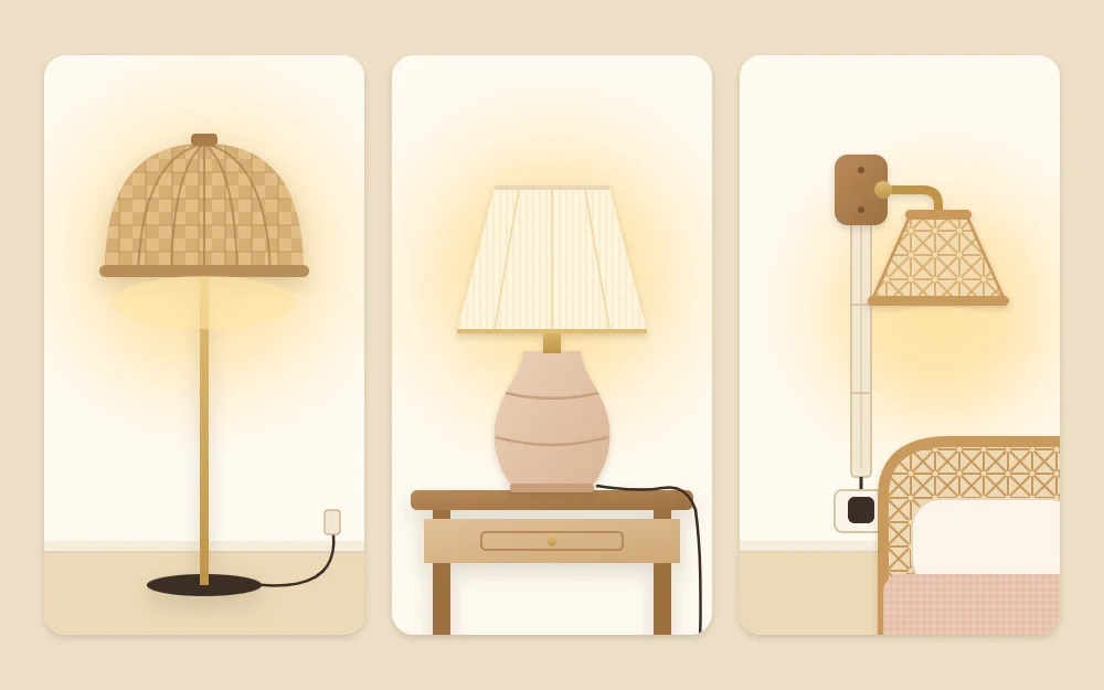 Three lamp types side by side: a floor lamp with a woven dome shade, a clay table lamp with a linen shade, and a plug-in wall lamp with a covered cord