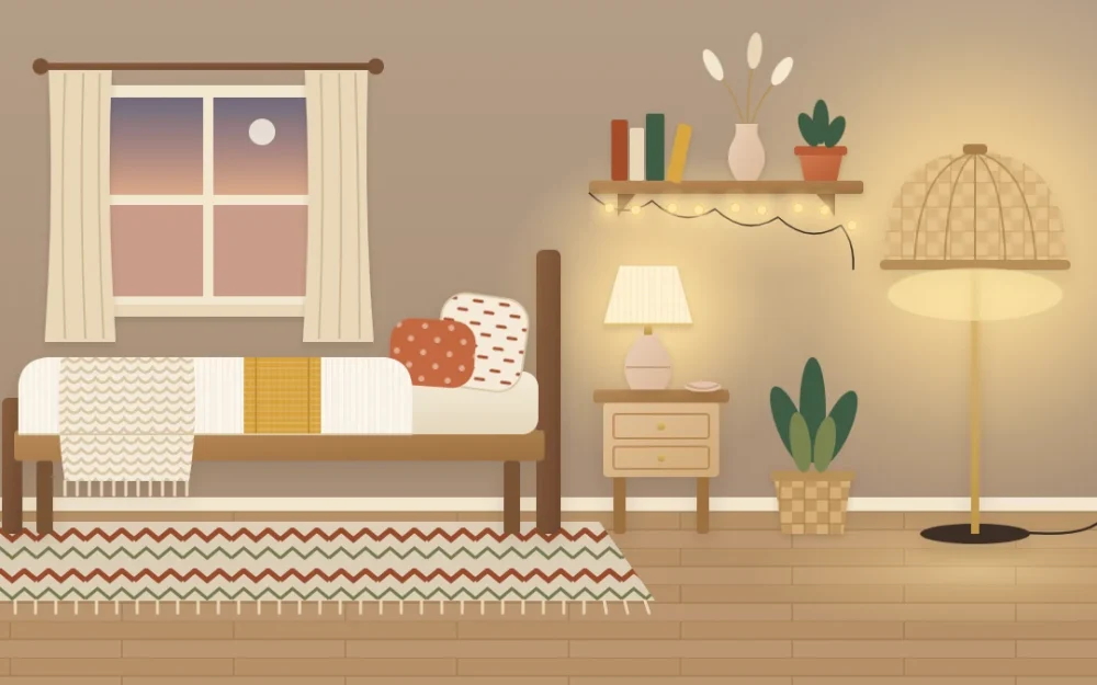 Evening boho bedroom corner lit by a floor lamp with a woven rattan shade, a small clay table lamp on a bedside table and a short strand of warm string lights on a shelf