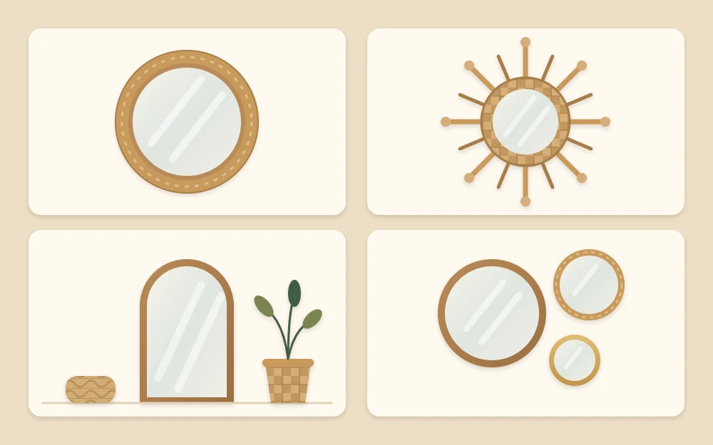 Four mirror shapes: a round mirror in a rattan ring, a sunburst-style mirror with woven rays, an arched mirror and three small round mirrors