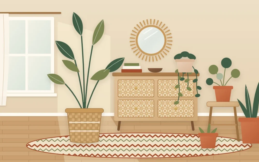 Sunny boho bedroom corner with a tall leafy floor plant in a woven basket, a trailing plant on a wooden dresser and three small terracotta pots at different heights