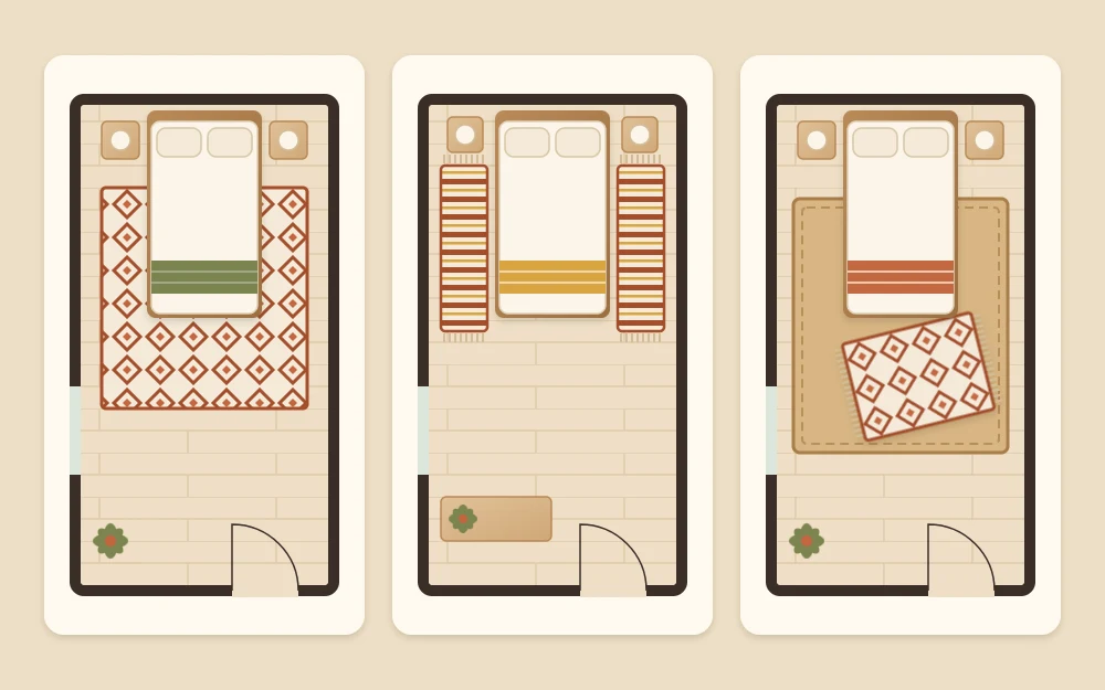 Three top-down floor plans of a bed with rugs: one large rug under the lower part, a runner on each side, and a small rug layered at an angle