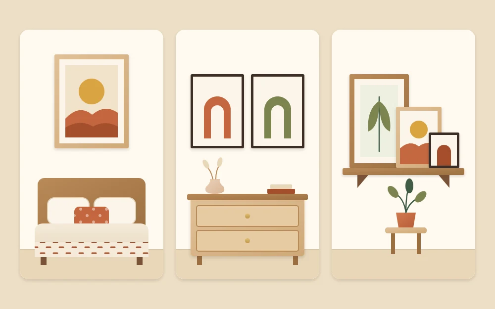 Three wall arrangements: one large framed print above a bed, a pair of equal frames, and a trio of frames leaning on a shelf