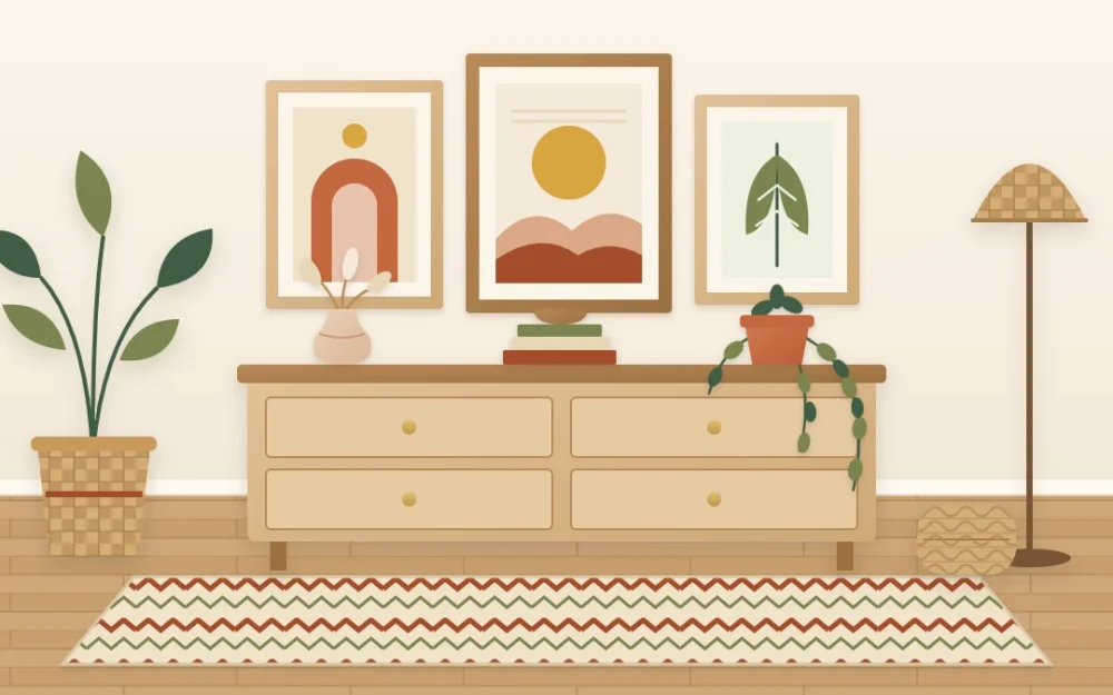 Three abstract prints in wooden frames in a loose row above a wooden dresser with a clay vase and a trailing plant