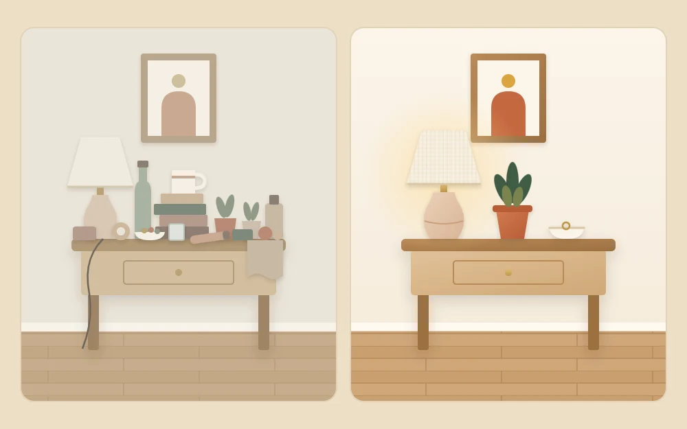 The same bedside table drawn twice: crowded edge to edge with small objects on the left, and calm with a lamp, a small plant and a dish on the right