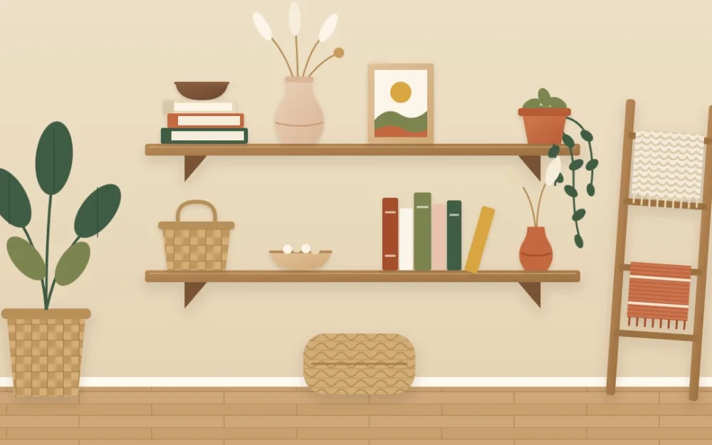 Two wooden wall shelves styled with stacked books, clay vases of dried stems, a trailing plant, a woven basket, a wooden bowl and a small framed print