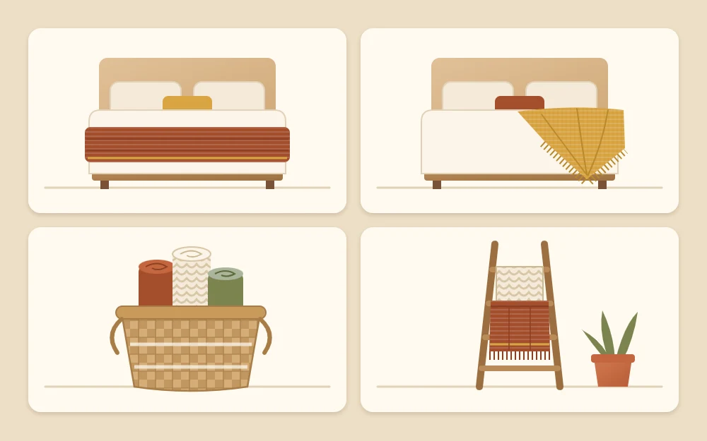 Four ways to place a throw: folded across the foot of a bed, draped over a corner, rolled in a basket and hung over a leaning ladder