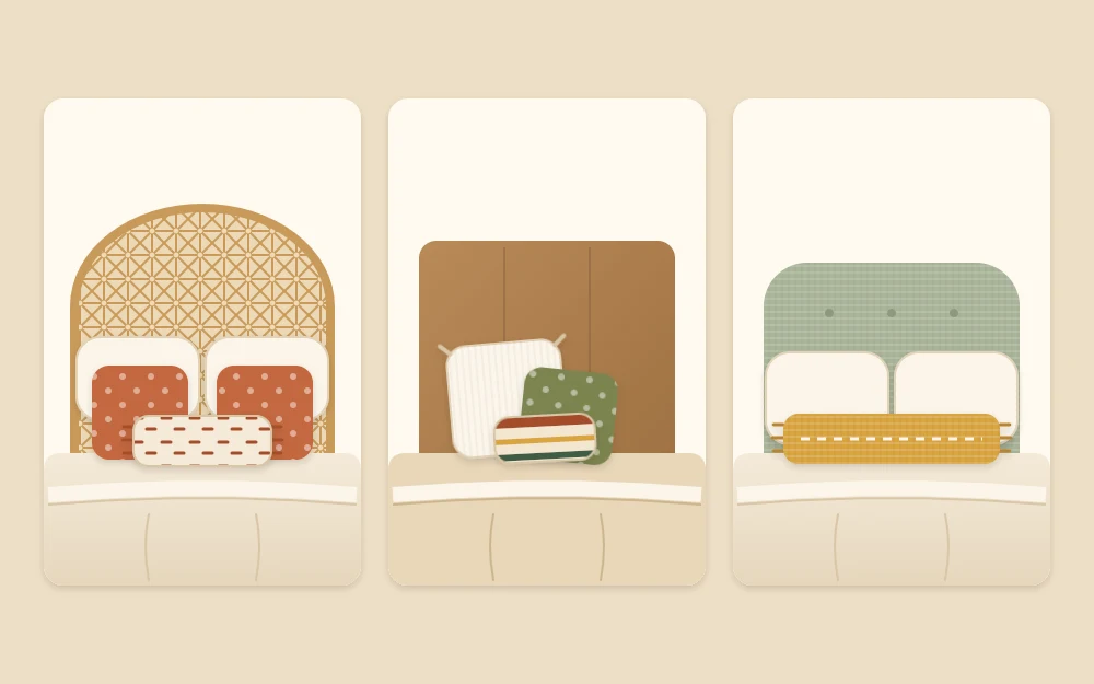 Three pillow arrangements on a bed: a symmetrical set of four with a lumbar, an odd group of three, and a pair with one long lumbar