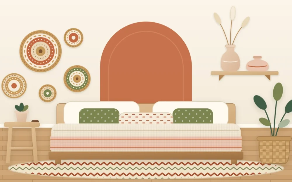 Warm white bedroom wall above a low bed with a cluster of five flat woven baskets, a painted terracotta arch and a small shelf with two clay vases