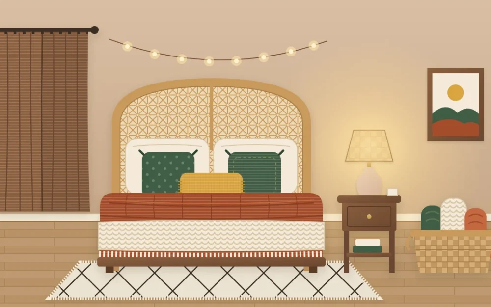 A cozy boho bedroom on a winter evening with a thick rust quilt, a chunky cream knit throw, deep green pillows, a glowing table lamp, a basket of blankets and a shaggy rug