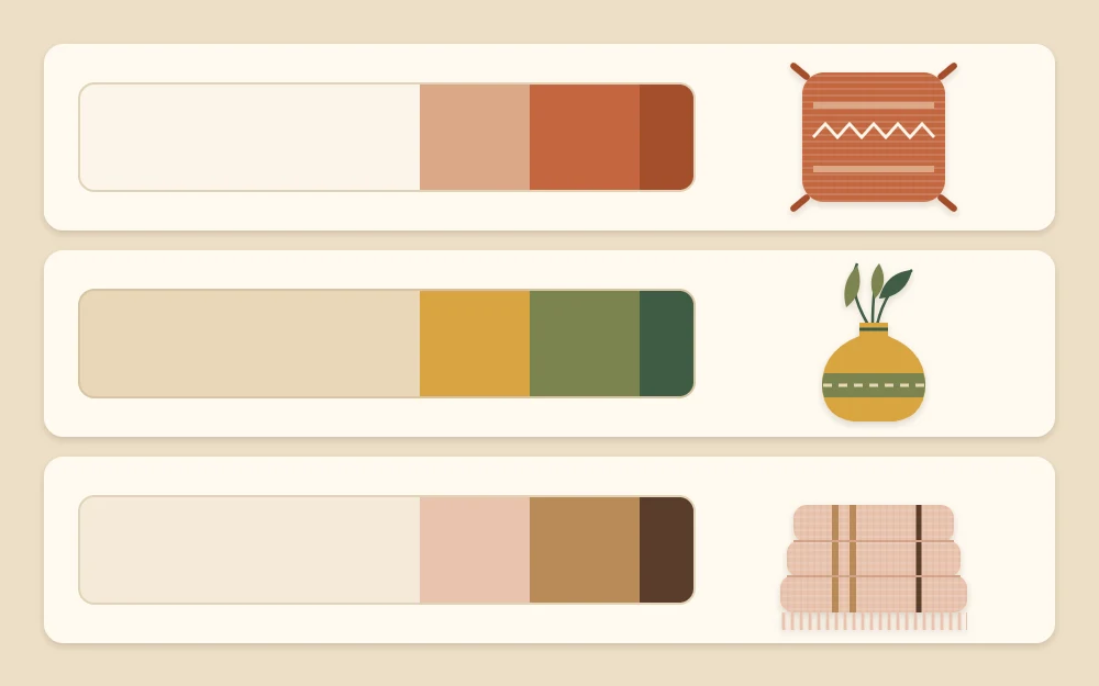 Three palette strips, each with one large light block, two medium earth-tone blocks and one small deep block, beside a pillow, a clay vase and a folded throw