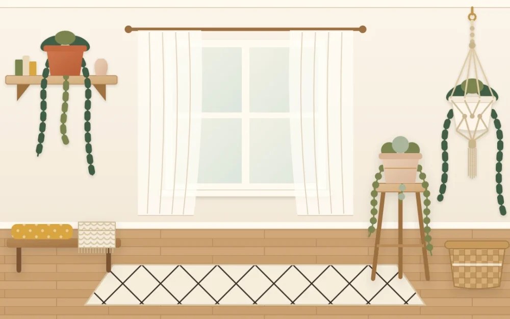 Bedroom window corner with three trailing plants at different heights: one in a knotted hanger, one on a high wall shelf and one on a wooden plant stand
