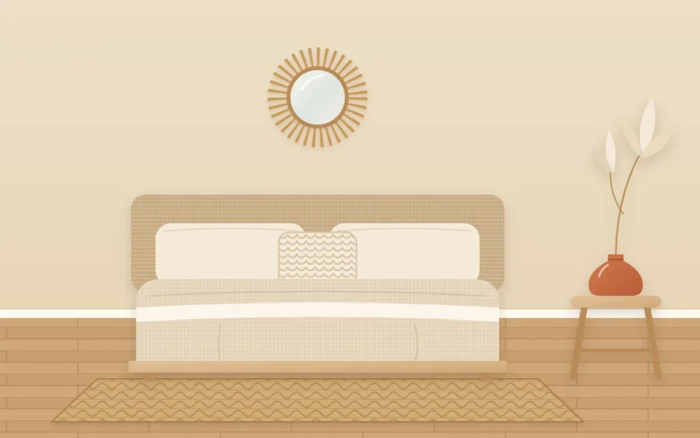 Calm minimal boho bedroom with oatmeal linen bedding, one textured cushion, a small round rattan mirror and a wooden stool with a clay vase