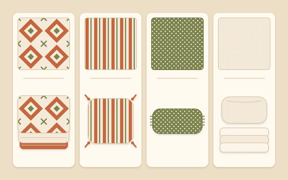 Three square swatches in a row showing a large diamond pattern, a medium stripe and a small dot pattern, beside one plain solid swatch
