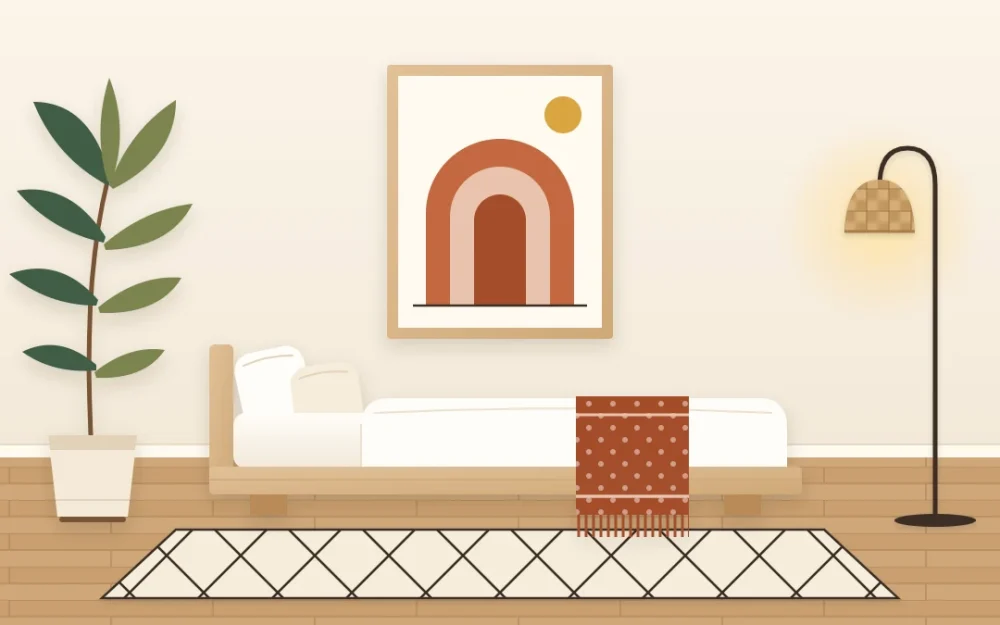 Modern boho bedroom with a low pale wood platform bed, white bedding, a rust throw, one large arch print, a slim black floor lamp and a tall plant