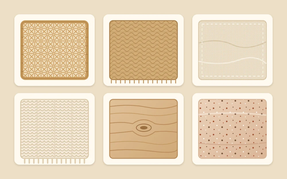 Six square swatches in two rows: cane webbing, braided jute, linen weave, chunky wool knit, wood grain and speckled clay
