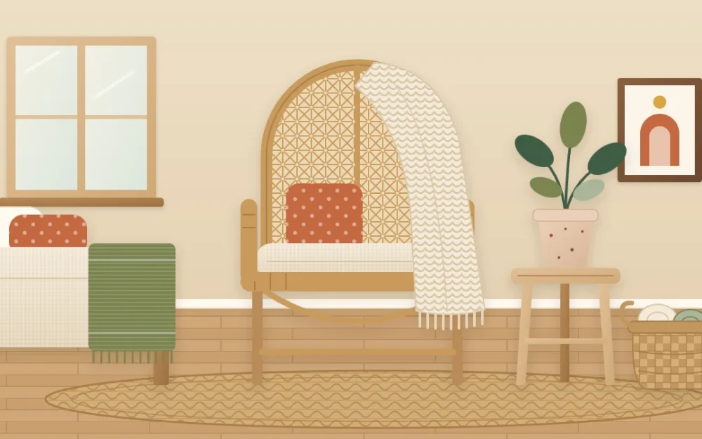 Boho bedside corner with a rattan chair and linen cushion, a jute rug, a chunky wool throw, a seagrass basket and a clay pot on a wooden stool