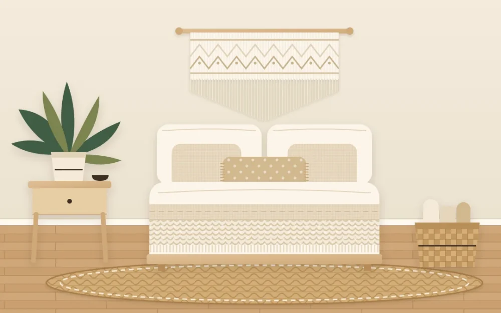 Neutral boho bedroom with ivory, oatmeal and sand bedding, a tufted cream throw, a pale woven wall hanging, a jute rug and one green plant