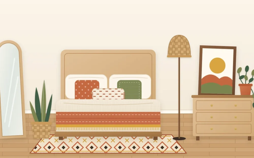 A rental bedroom with plain white walls and movable decor: layered earth-tone bedding, a leaning print and floor mirror, a patterned rug, a woven-shade lamp and two plants