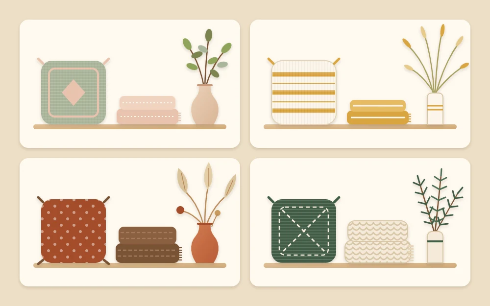 Four tiles showing the same pillow, folded throw and vase restyled for spring, summer, fall and winter