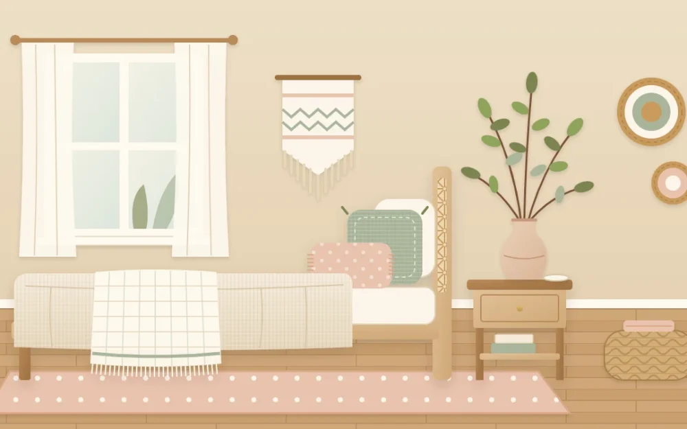 A boho bed corner dressed for spring with cream bedding, sage green and blush pillow covers, a light gauze throw and a clay vase of fresh green branches