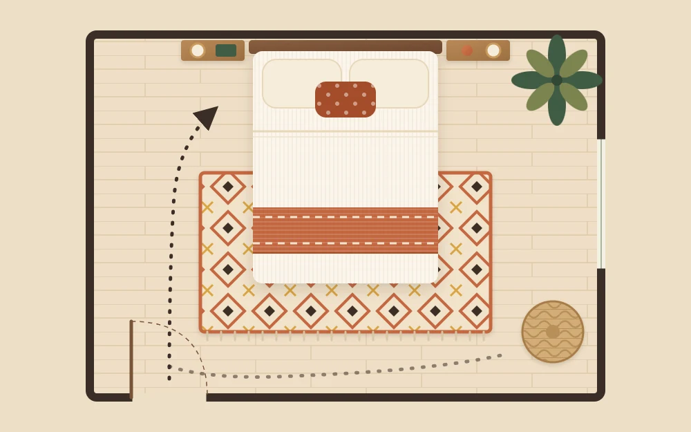 Top-down plan of a small bedroom: bed on the far wall, patterned rug under its lower half, narrow shelves and a corner plant