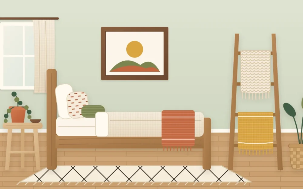 Boho bedroom with a mid-brown wooden bed frame, a pale wood stool, a dark wood picture frame and a leaning blanket ladder with two throws