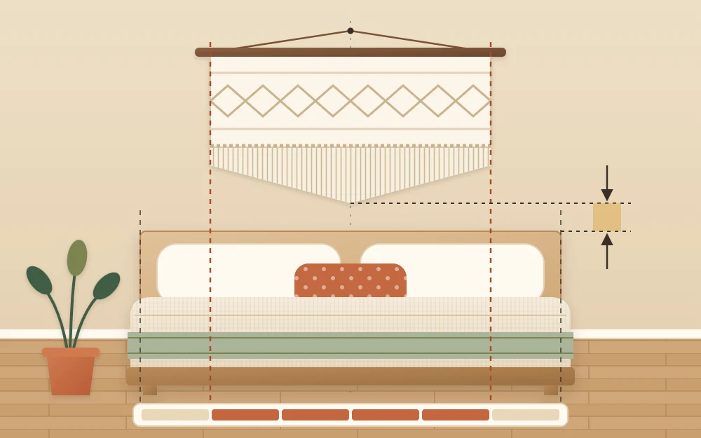Wall elevation of a bed with a woven hanging centered above it, spanning about two-thirds of the bed width with a small gap above the headboard